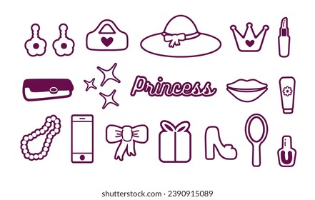 Glamorous fashionable sticker set. Cute stickers, objects isolated on a white background. hat, jewelry, shoe, star, glass, lipstick, dress: a collection in a minimalist style. for print, barbie style