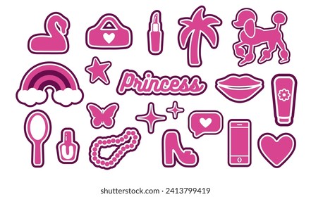 Glamorous fashionable sticker set. Cute stickers, objects isolated on white background. rainbow, dog, phone, star, glasses, lipstick, tree: collection in a barbie style. for print, social network.