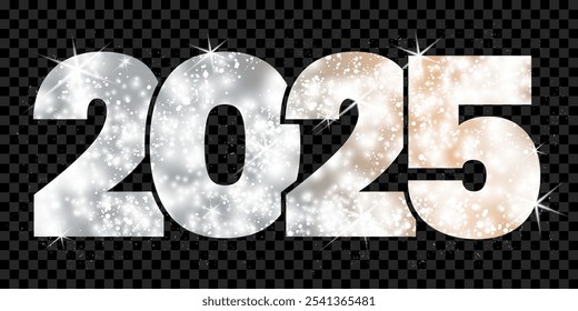 Representación glamurosa y festiva del año 2025, rodeada de brillantes destellos plateados y blancos que significan un año nuevo brillante y próspero. Ilustración vectorial.