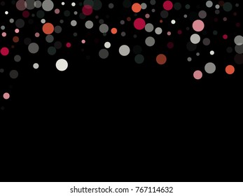 Glamorous festive round confetti background in red, white and grey on black. Rich vector  pattern, birthday party celebration background. Holiday confetti circles in trendy style.