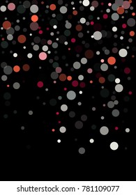 Glamorous festive round confetti background in red, white and grey on black. Rich vector  pattern, birthday party celebration background. Holiday confetti circles in trendy style.