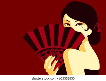 Glamorous Flamenco Fashion Woman Sensual Look Hiding Behind Fan Minimal Flat Design Vector Illustration