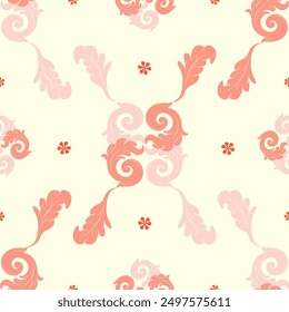 Glamorous Florals Scroll Ornament Embroidery Peach on Light Beige Background Classic Damask Seamless Pattern Vector for Elegance Luxury Design Fabric Wallpaper Textile Detailed Elaborate Repeat Carpet