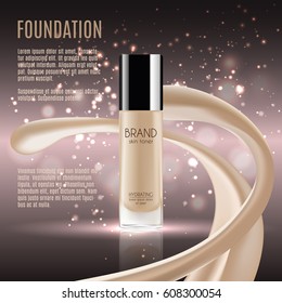 Glamorous foundation ads, glass bottle with foundation and sparkling effects, elegant ads for design, 3d illustration, soft liquid foundation texture