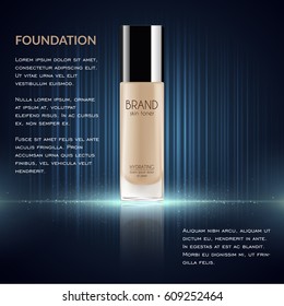 Glamorous foundation ads, glass bottle with foundation and sparkling effects, elegant ads for design, 3d illustration, soft liquid foundation texture