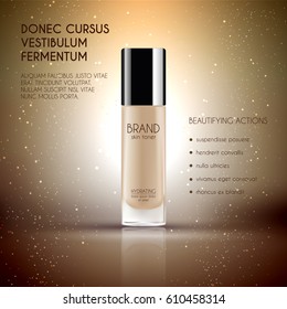 Glamorous foundation ads, glass bottle with foundation and sparkling effects, elegant ads for design, 3d illustration, soft liquid foundation texture