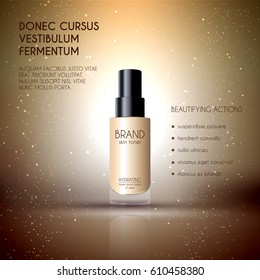 Glamorous foundation ads, glass bottle with foundation and sparkling effects, elegant ads for design, 3d illustration, soft liquid foundation texture