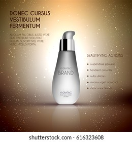 Glamorous foundation ads, glass bottle with foundation and sparkling effects, elegant ads for design, 3d illustration, soft liquid foundation texture