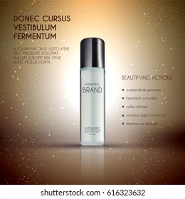 Glamorous foundation ads, glass bottle with foundation and sparkling effects, elegant ads for design, 3d illustration, soft liquid foundation texture