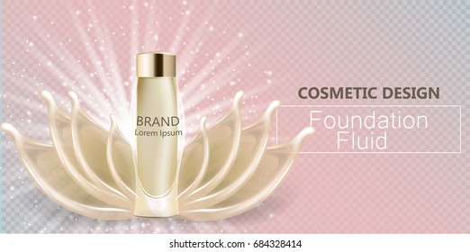 Glamorous foundation ads, glass bottle with foundation and foundation splashes, elegant ads for design, 3d vector illustration