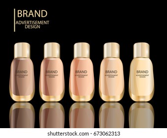 Glamorous foundation glass bottles Isolated on white background. Mock-up 3D Realistic Vector illustration for design, template