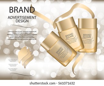 Glamorous foundation glass bottles on the  sparkling effects background. Mockup 3D Realistic Vector illustration for design, template 