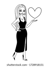Glamorous girl in a black evening dress with high heels holds a heart. Beautiful face. Glamorous celebrity. Black outline on a white isolated background. Vector and illustration.