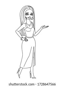 
Glamorous girl. Model. Beautiful celebrity. Beautiful face. Evening Dress. Evening outfit. Black outline on a white isolated background. Vector and illustration.