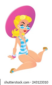 glamorous girl in old-fashioned swimsuit and big hat on the beach - vector illustration retro style