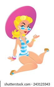 glamorous girl in old-fashioned swimsuit and big hat on the beach - vector illustration retro style