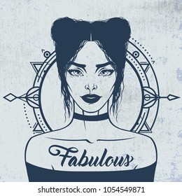 Glamorous girl portrait. Vector illustration of female with chocker necklace, trendy make up and hairstyle on grunge background and boho ornament. Print, sticker, card of tee shirt print.  