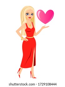 
Glamorous girl in a red evening dress, in high heels holds a pink heart. Beautiful face. The blonde with blue eyes. Glamorous celebrity. Color picture. Vector and illustration.