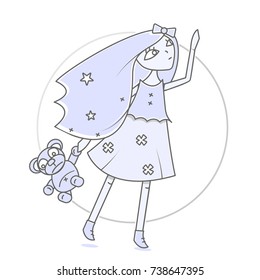 Glamorous girl with a teddy bear in hand. Modern illustration for books and magazines. Stretches towards the sky.