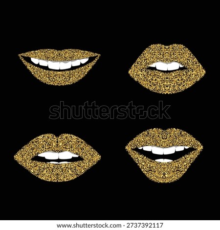 Glamorous gold glitter lips with white teeth convey allure, beauty, and a captivating smile.
