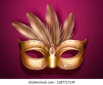 Glamorous golden mask with feathers in 3d illustration on burgundy purple background