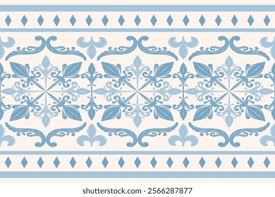 Glamorous Graceful Elaborate Detailed Scroll Ornament Sky Blue Weaves Embroidery Off White Background. Luxury Border Pattern Florals Victorian and Geometric Design for Decoration Apparel Carpet etc.