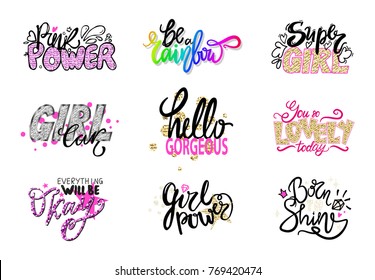 Glamorous graffiti with quotes written in calligraphy font with shiny sparkles isolated cartoon flat vector illustrations set on white background.