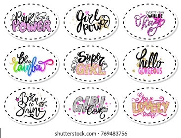 Glamorous graffiti with quotes written in calligraphy font with shiny sparkles isolated cartoon vector illustrations set on white, patches collection