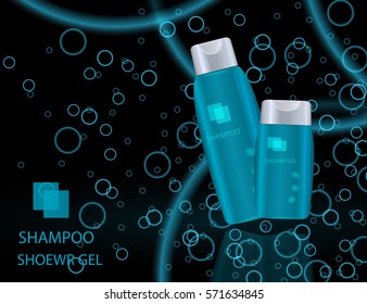 Glamorous Hair Care Products Packages on the  sparkling effects background. Mockup 3D Realistic Vector illustration for design, template