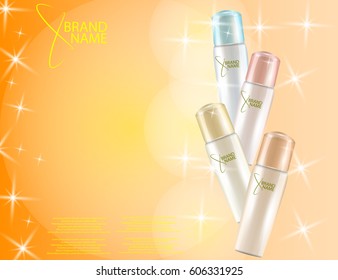 Glamorous Hair Care Products Packages on the  sparkling effects background. Mock-up 3D Realistic Vector illustration for design, template
