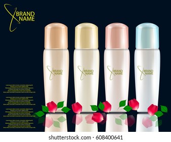Glamorous Hair Care Products Packages on the  sparkling effects background. Mock-up 3D Realistic Vector illustration for design, template