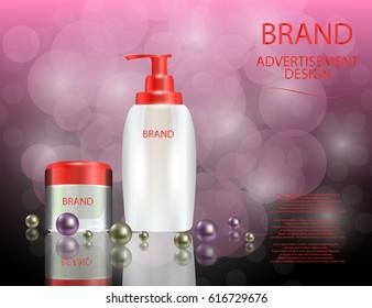 Glamorous Hair Care Products Packages on the  sparkling effects background. Mock-up 3D Realistic Vector illustration for design, template