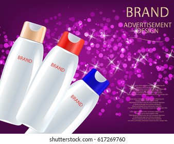 Glamorous Hair Care Products Packages on the  sparkling effects background. Mock-up 3D Realistic Vector illustration for design, template