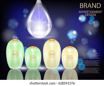 Glamorous Hair Care Products Packages with dropper on the  sparkling effects background. Mock-up 3D Realistic Vector illustration for design, template