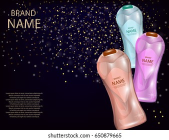 Glamorous Hair Care Products Packages on the  sparkling effects background. Mock-up 3D Realistic Vector illustration for design, template