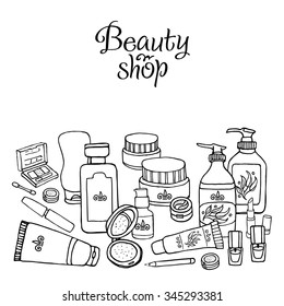 Glamorous hand drawn card template with make up objects shampoo, cream, lipstick, mascara nail-polish, perfume, lotion, eyeshadow. Doodle cosmetics background for beauty shop.