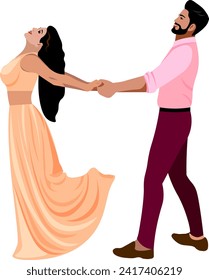 Glamorous Indian couple dancing Girl in a soft beige sari Guy in a pink shirt and burgundy trousers Vector