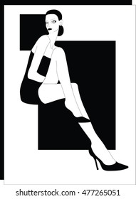 Glamorous lady  with long legs in short black dress posing at camera. Black and white vector illustration. Modern art. 