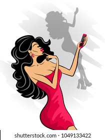 Glamorous lady in red dress and red shoes makes selfie on her phone