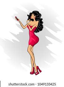 Glamorous lady in red dress and red shoes makes selfie on her phone