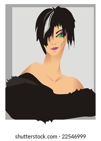 Glamorous lady with spiky hair wearing black fur. Scalable vector graphics