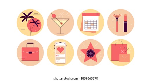 Glamorous lifestyle. Set of round badges, flat graphics. Vector file.