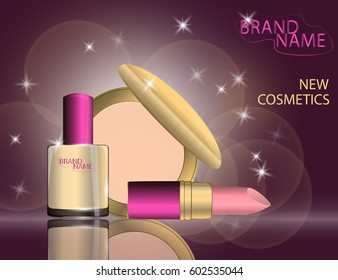 Glamorous lipstick, nail lacquer, compact foundation on the sparkling effects background. Blank template of packaging for cosmetic product. 