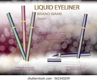 Glamorous liquid eyeliner on the  sparkling effects background. Mockup 3D Realistic Vector illustration for design, template 