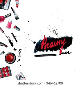 Glamorous make up set of  cosmetics with nail polish and lipstick. 