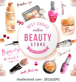 Glamorous make up watercolor cosmetics background