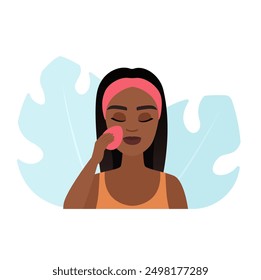 Glamorous makeup, girl applying cream foundation with sponge vector illustration