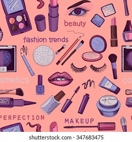Glamorous make-up seamless pattern with mascara, lipstick, creams, nail polish, powder, eye shadow, blush, brushes, glitter, lip