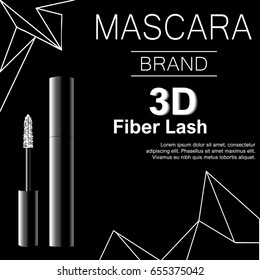 Glamorous mascara for eyelashes, black realistic packaging design in 3d on black with geometric figures background. 3D realistic layout vector illustration for design, template