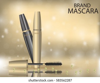 Glamorous mascara product, black and golden package design in 3d on the  sparkling effects background. Mockup 3D Realistic Vector illustration for design, template